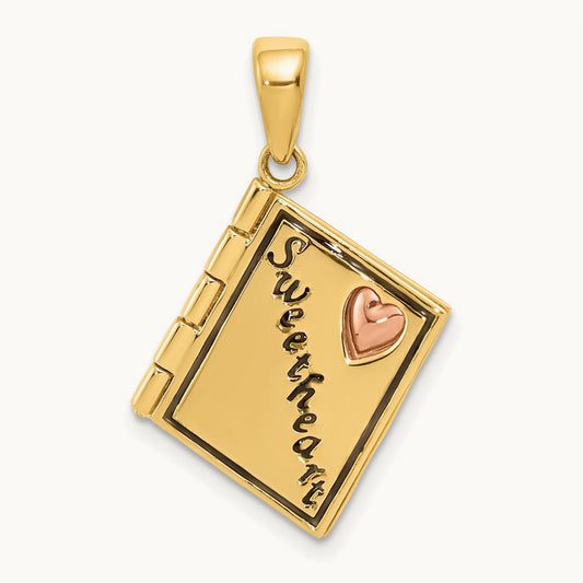 3D Enameled Moveable SWEETHEART Book Charm, 14K Two-tone