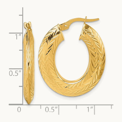 Polished and Diamond-cut Oval Hoop Earrings, 14K