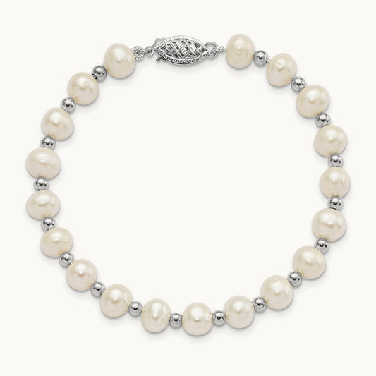 Near Round Freshwater Cultured Pearl Bead Bracelet — 14K White Gold