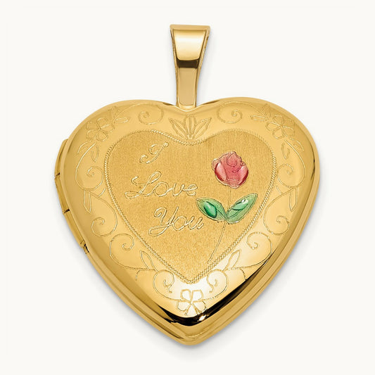 Polished and Satin w/ Enamel I LOVE YOU Rose Heart Locket, 16mm, 14K
