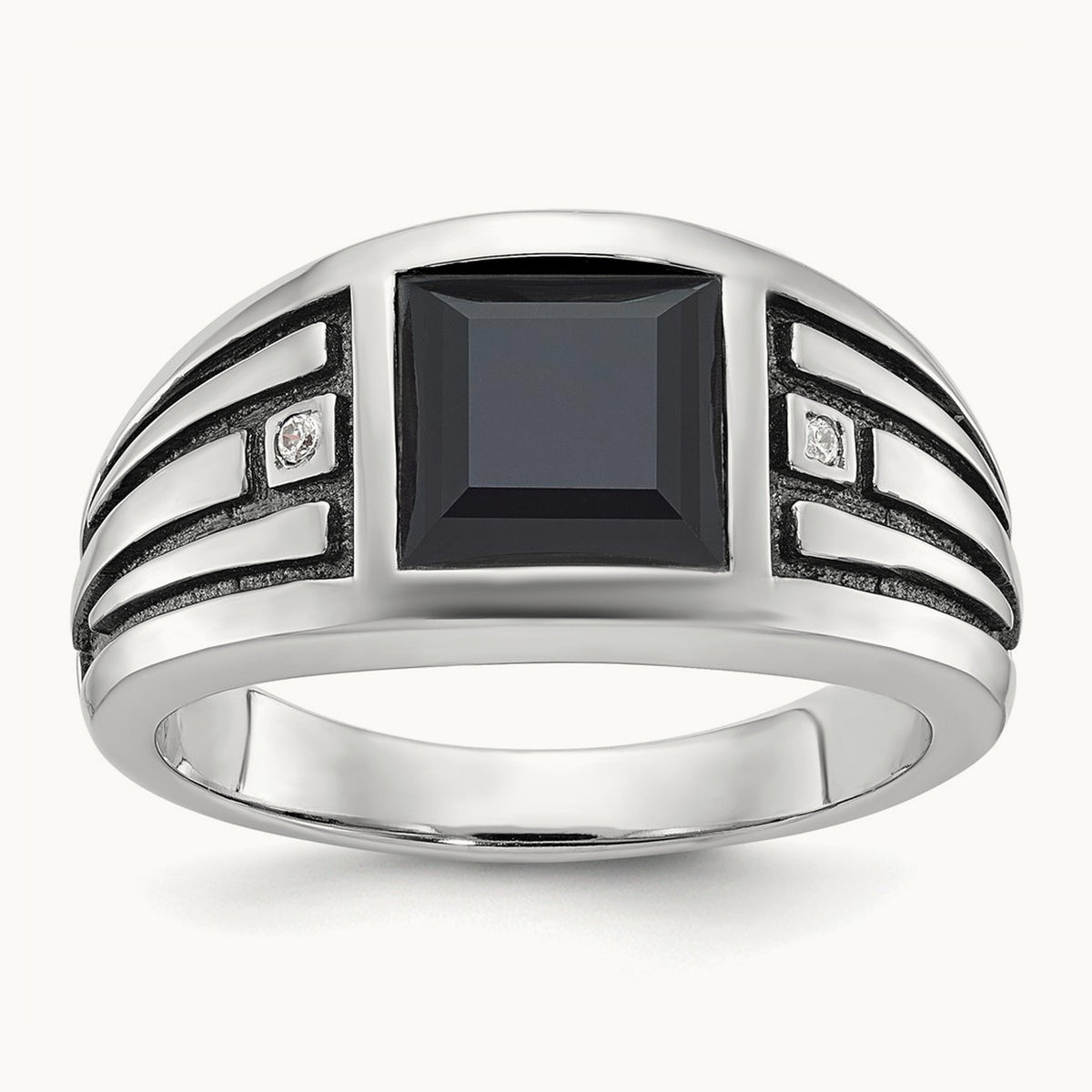 IBGoodman Men's Black Rhodium Onyx and Diamond Complete Ring, 14K White Gold