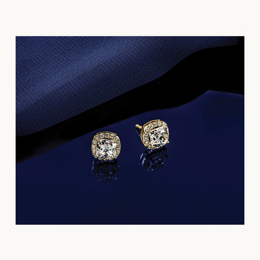 Cushion Halo Post Earrings, 0.50-7.00 ct tw Lab-Grown Diamond — 5/8 ct, 14K Yellow Gold
