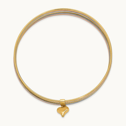 w/Dangle Heart Tri-color Set of 7 Textured Slip-on Bangles, 14K