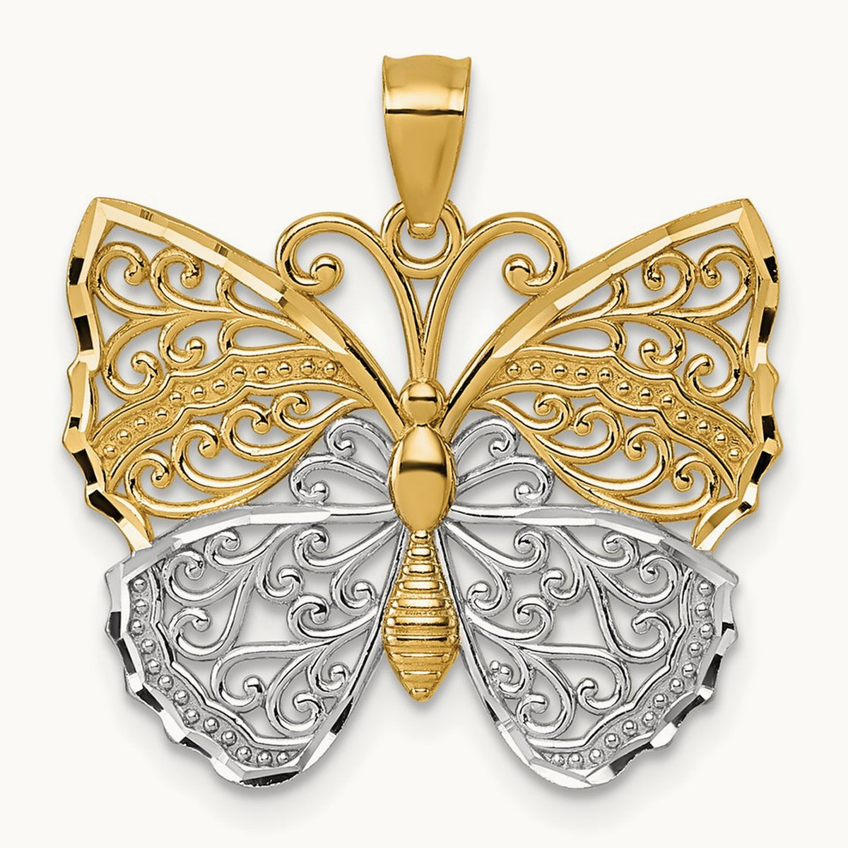 & Rhodium Textured Fancy Butterfly Pendant, 14K