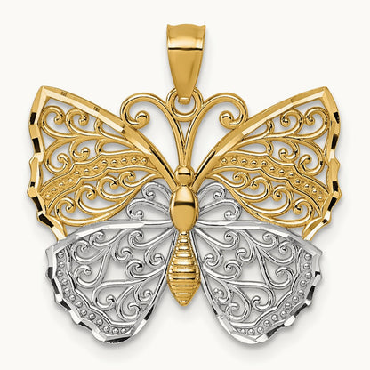 & Rhodium Textured Fancy Butterfly Pendant, 14K