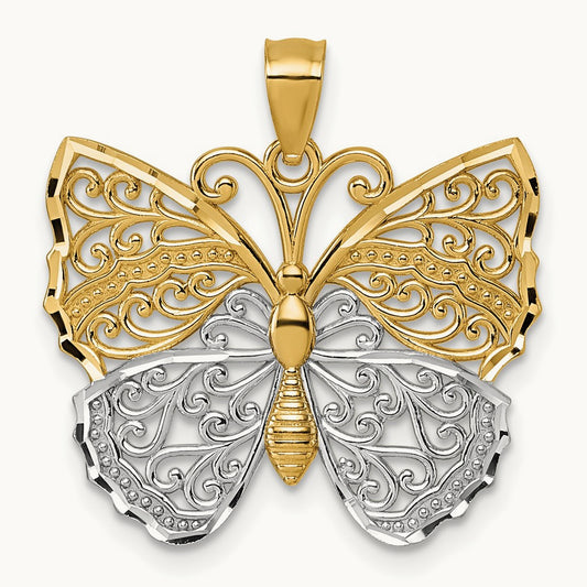& Rhodium Textured Fancy Butterfly Pendant, 14K