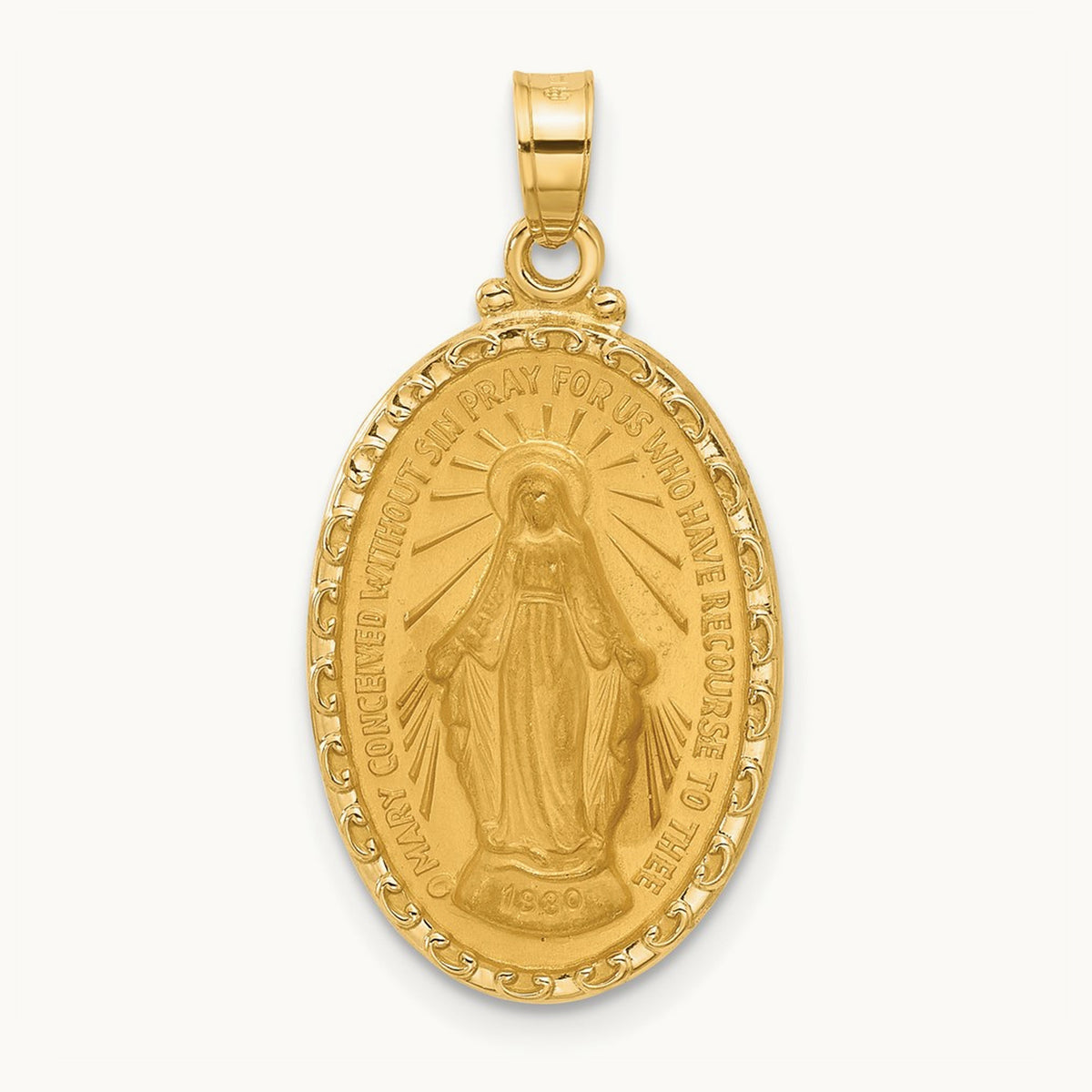 Satin and Polished Miraculous Medal Oval Solid Pendant, 14K