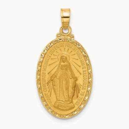 Satin and Polished Miraculous Medal Oval Solid Pendant, 14K