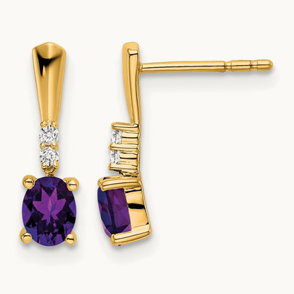 Oval Amethyst and Diamond Dangle Earrings — 14K Yellow Gold