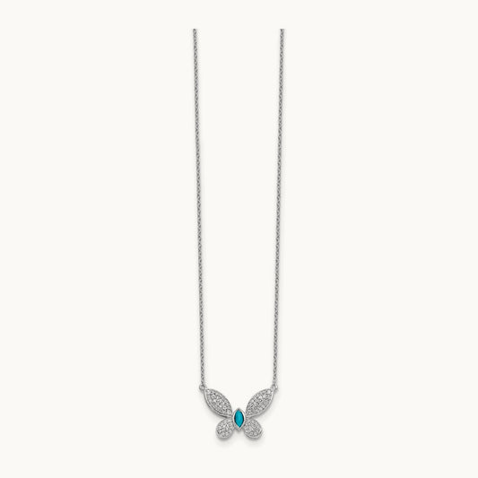 Diamond and Turquoise Butterfly Necklace, 14K White Gold