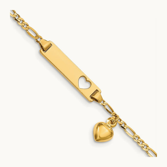 Cut-out Heart with Dangling Heart Children's Figaro Link ID Bracelet — 5.5mm