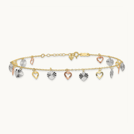 Tri-Color Heart 9in Plus 1in ext Anklet, 14K