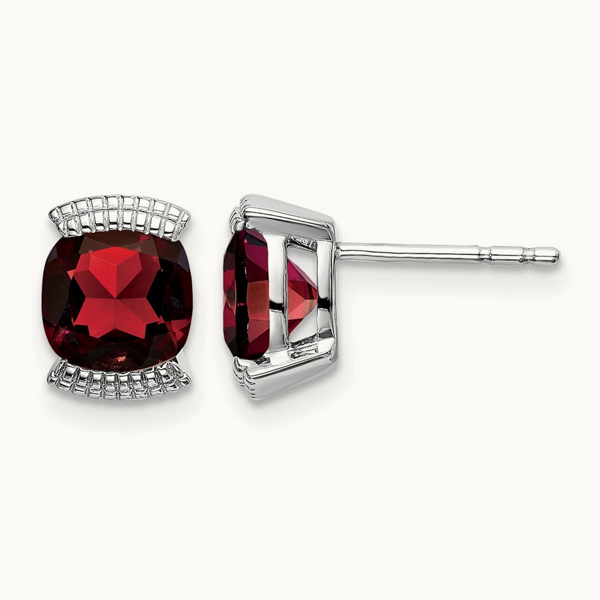 Garnet Post Earrings — 14K White Gold