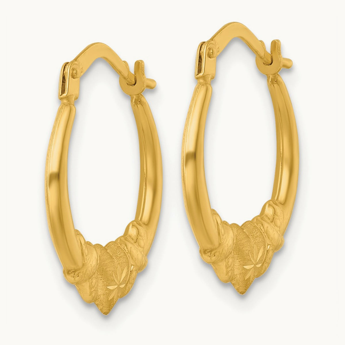 Polished Brushed and Diamond-cut Heart Hoop Earrings, 14K