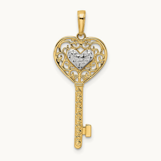 Diamond-cut Heart Filigree Key Pendant, 14K with White Rhodium