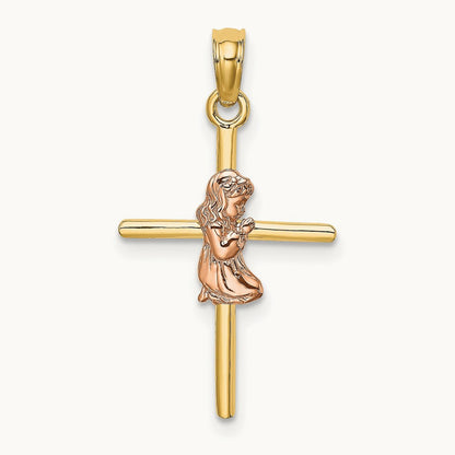 2-D Girl On Cross Charm, 14K Two-tone