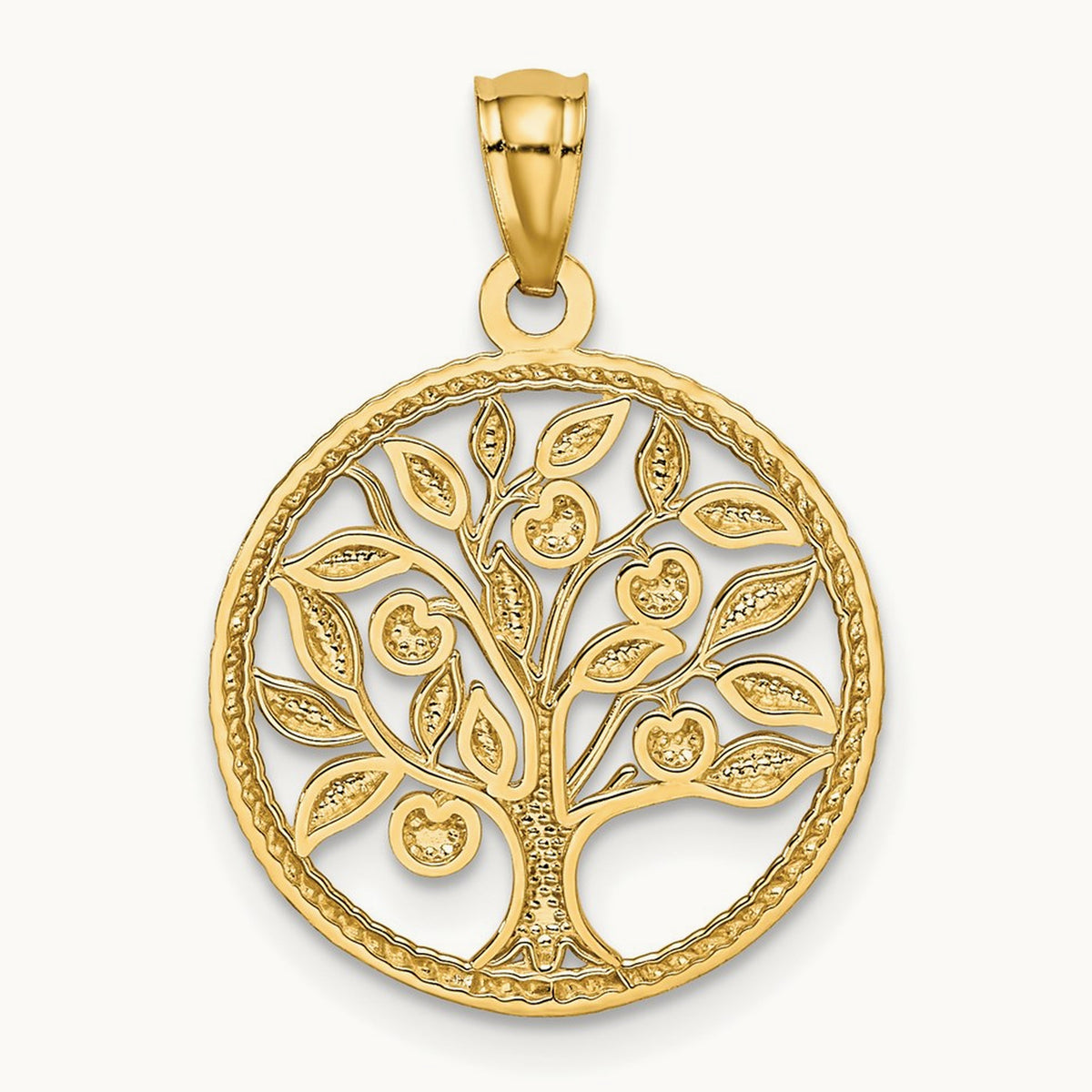 Polished Tree Of Life in Round Pendant, 14K