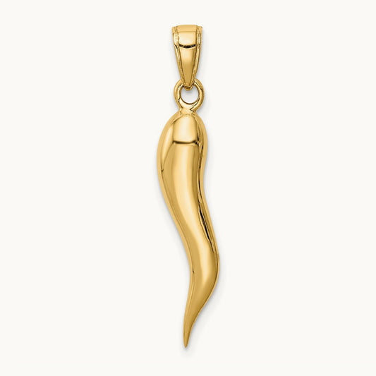 Large 3D Italian Horn Pendant — 14K Yellow Gold