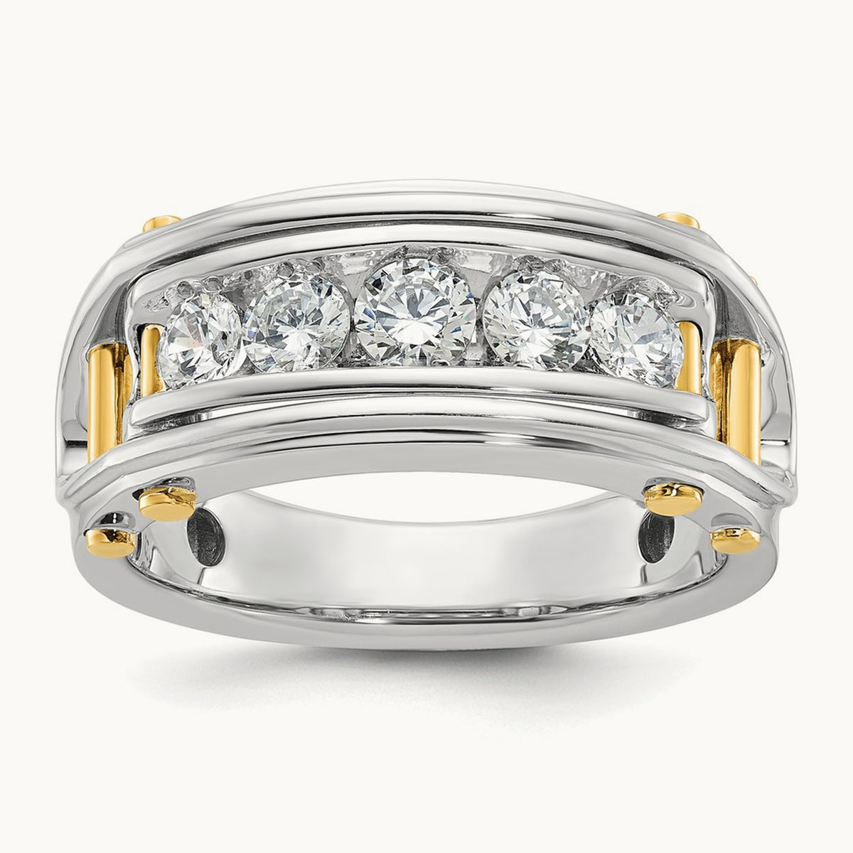 14ktt IBGoodman Men's Polished Grooved Cut-Out 5-Stone Diamond Ring