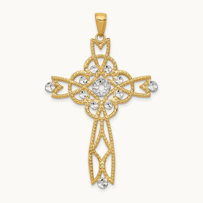 w/Rhodium Diamond-cut Beaded Trim Infinity Cross Pendant, 14K