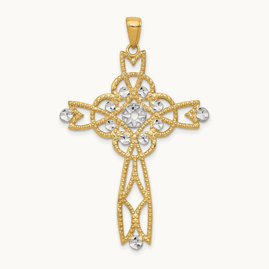 w/Rhodium Diamond-cut Beaded Trim Infinity Cross Pendant, 14K