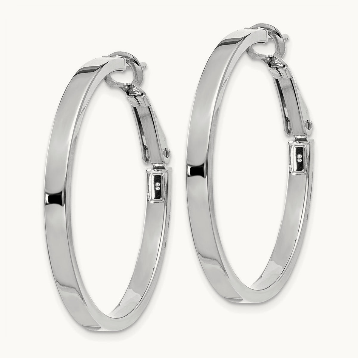 Polished Square Tube Round Hoop Earrings — 14K White Gold, 3x35mm