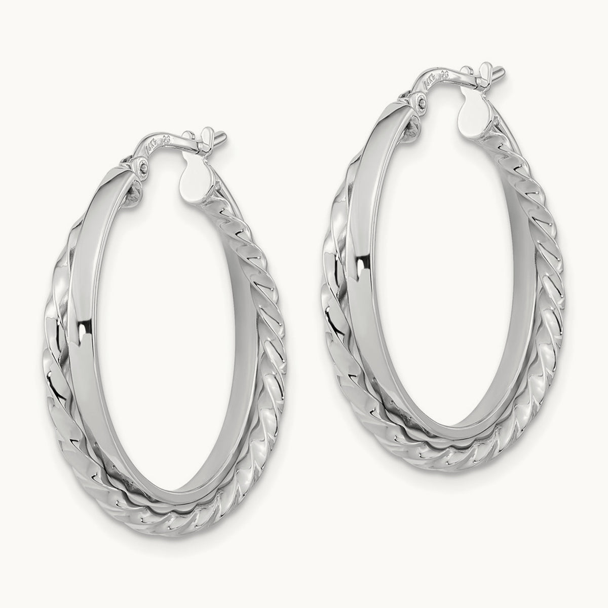 Polished and Textured Hinged Hoop Earrings, 14K White Gold