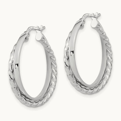 Polished and Textured Hinged Hoop Earrings, 14K White Gold