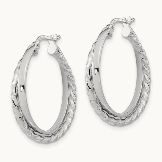 Polished and Textured Hinged Hoop Earrings, 14K White Gold