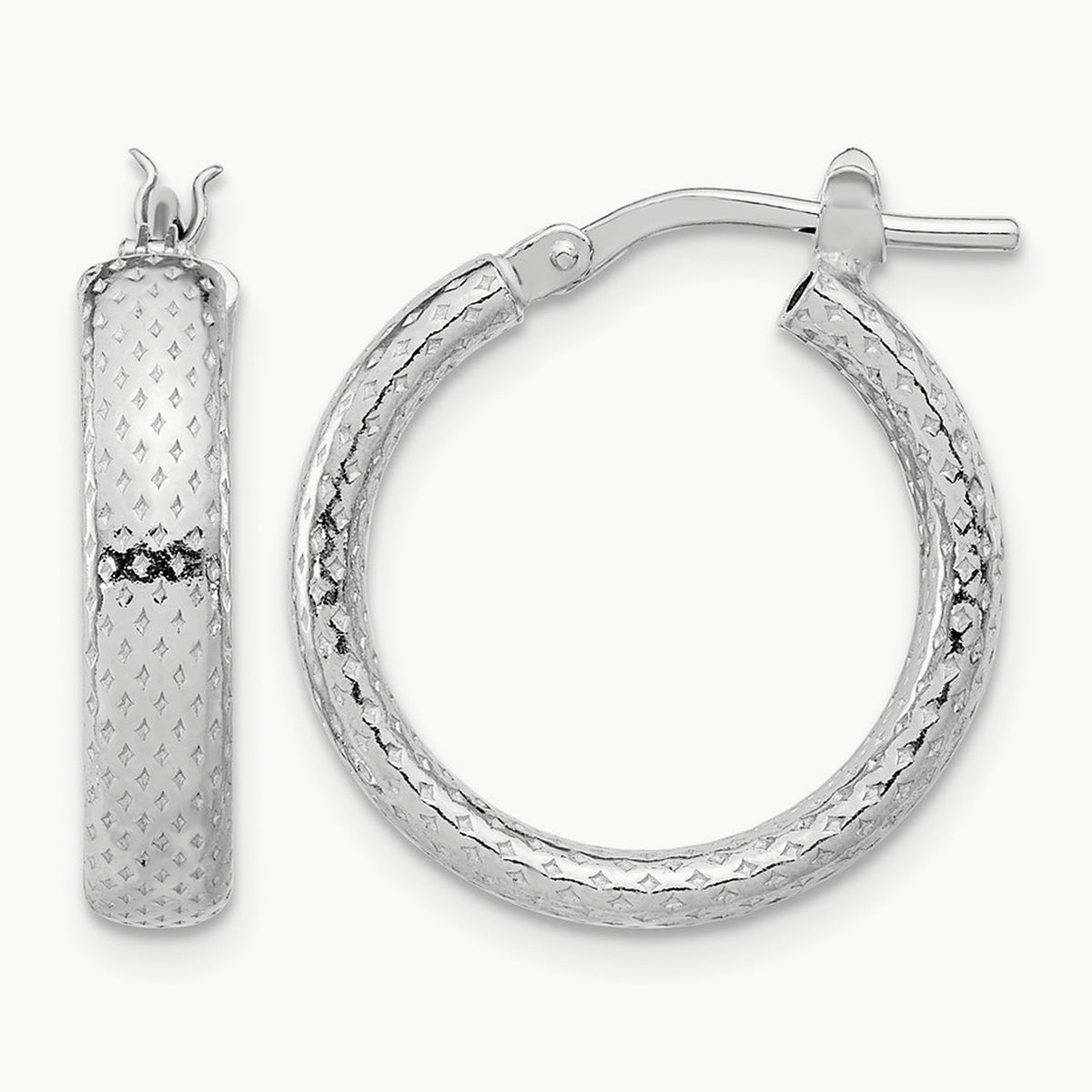 Rhodium-plated Polished and Textured Hoop Earrings, Sterling Silver — Leslie's