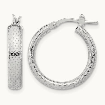 Rhodium-plated Polished and Textured Hoop Earrings, Sterling Silver — Leslie's