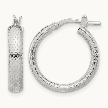 Rhodium-plated Polished and Textured Hoop Earrings, Sterling Silver — Leslie's