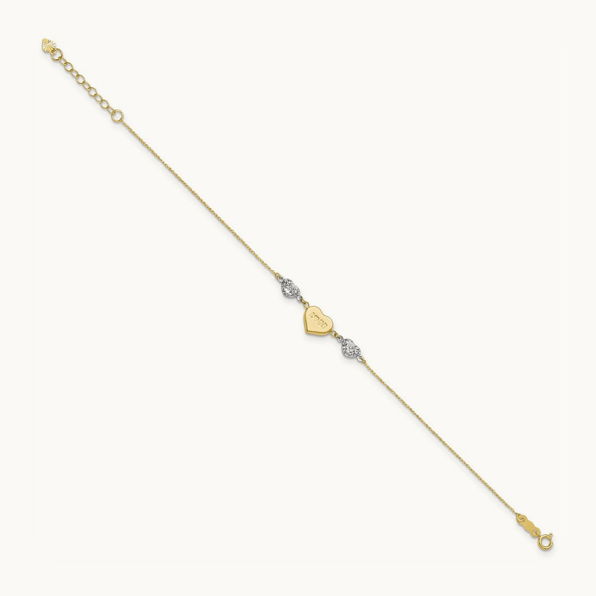 Puffed LOVE Heart & D/C Hearts Bracelet, 14K Two Tone