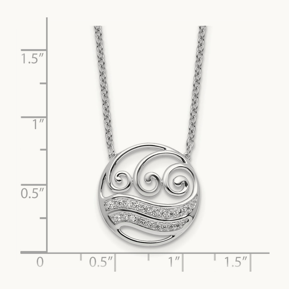 Polished Diamond Circle with Waves Necklace, 14K White Gold