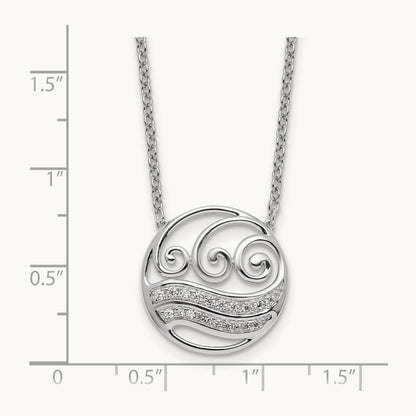 Polished Diamond Circle with Waves Necklace, 14K White Gold