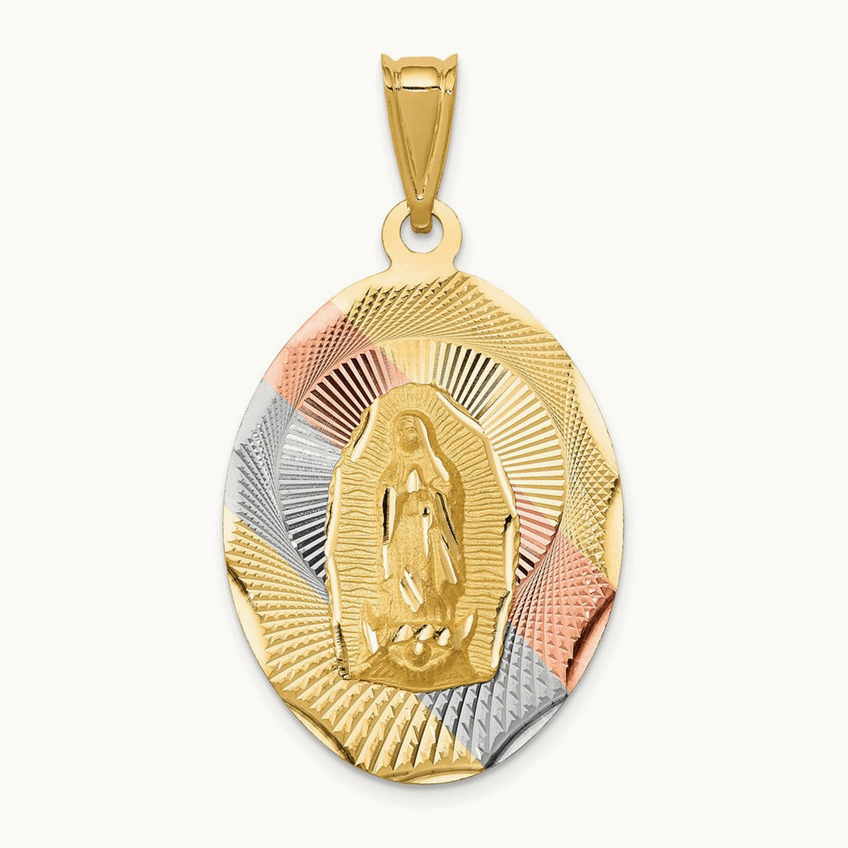Diamond-cut Lady Of Guadalupe Oval Pendant with rhodium — 41.6mm