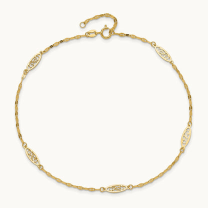Polished Fancy Filigree Link 9in Plus 1 in ext. Anklet, 14K