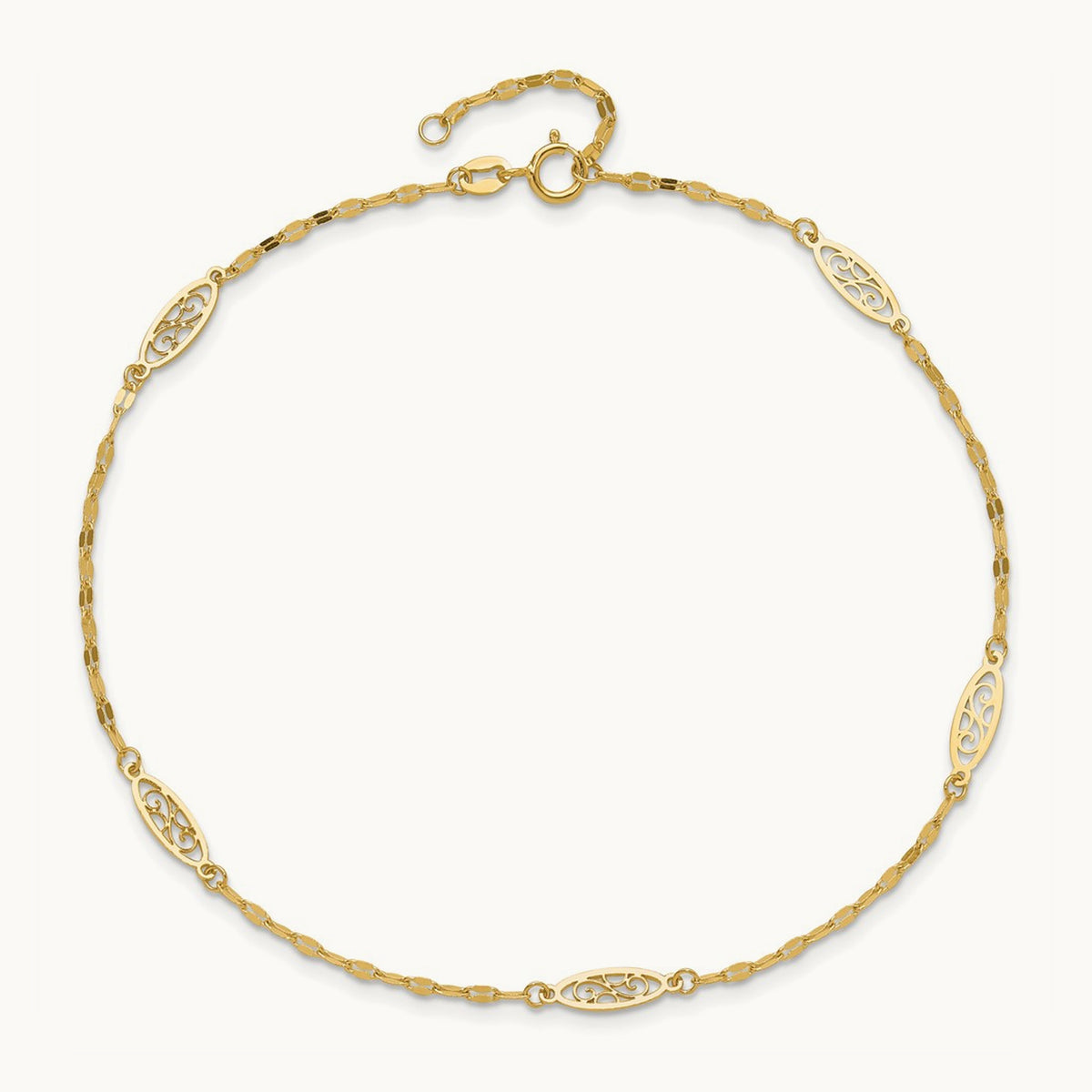 Polished Fancy Filigree Link 9in Plus 1 in ext. Anklet, 14K