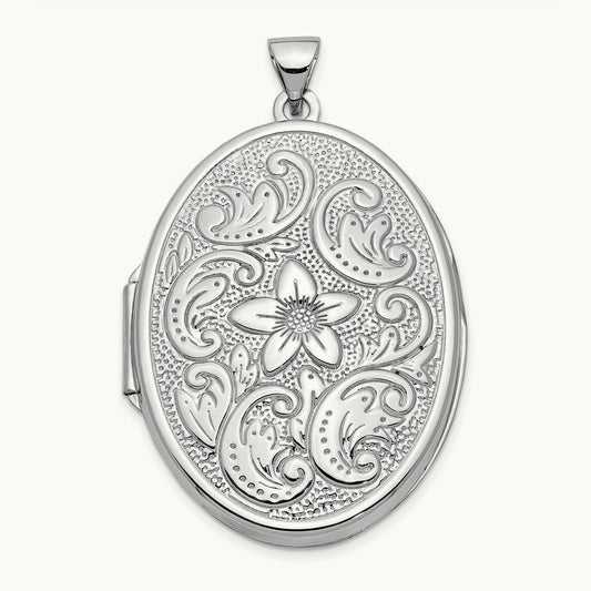 Oval Flower With Scrolls Locket, 32mm, 14K White Gold