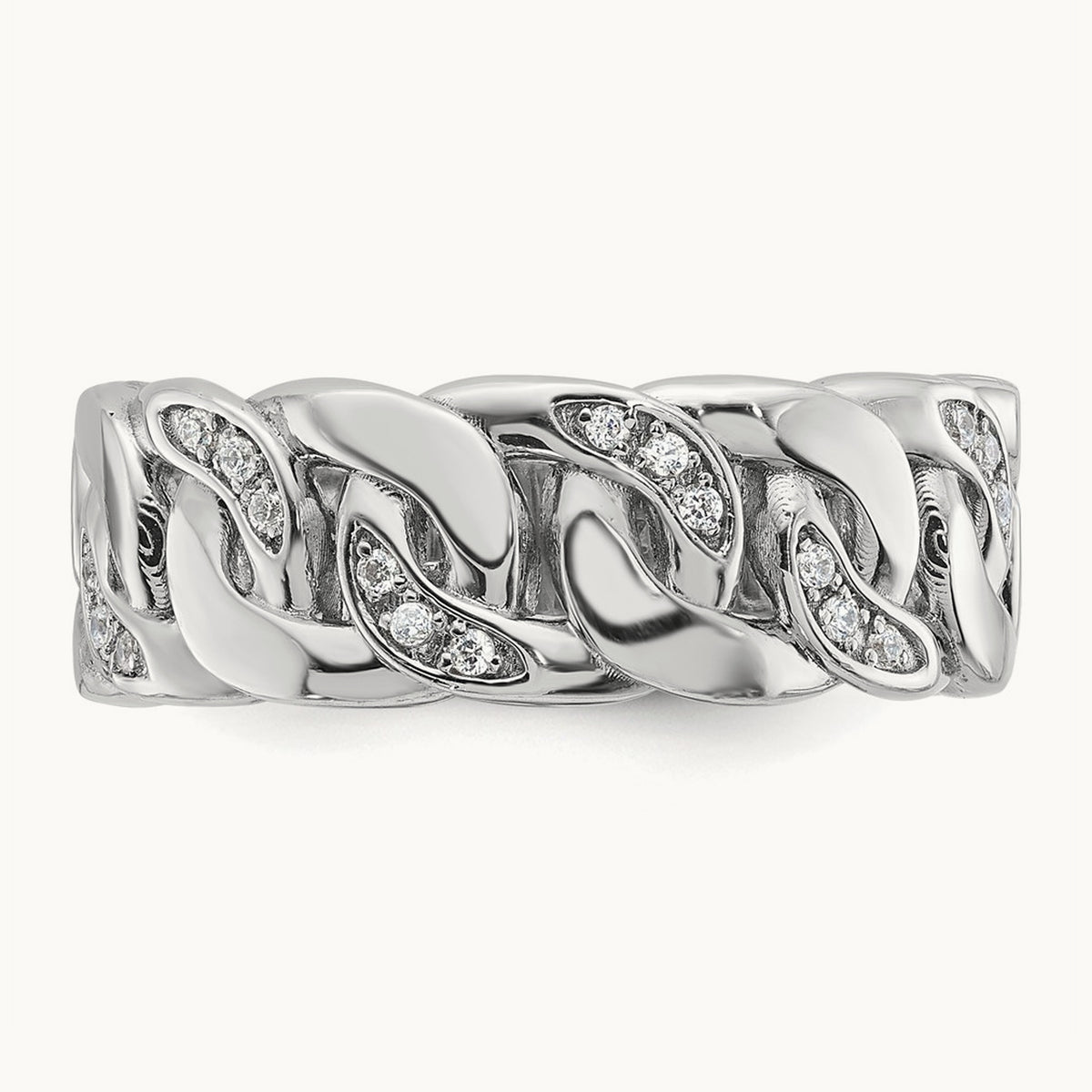 Men's Cuban Link Design Diamond Complete Ring — 14K White Gold