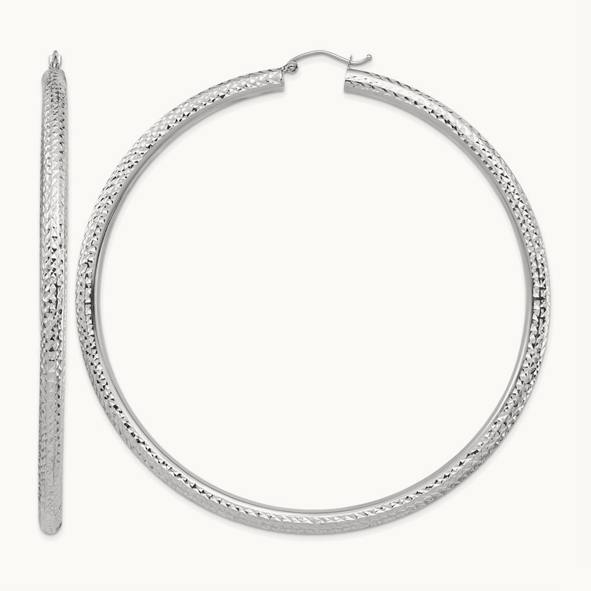 Diamond-cut Lightweight Tube Hoop Earrings — 14K White Gold, 4x80mm