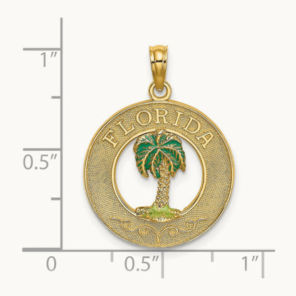 FLORIDA Enamel Palm Tree Circle Charm, 14K