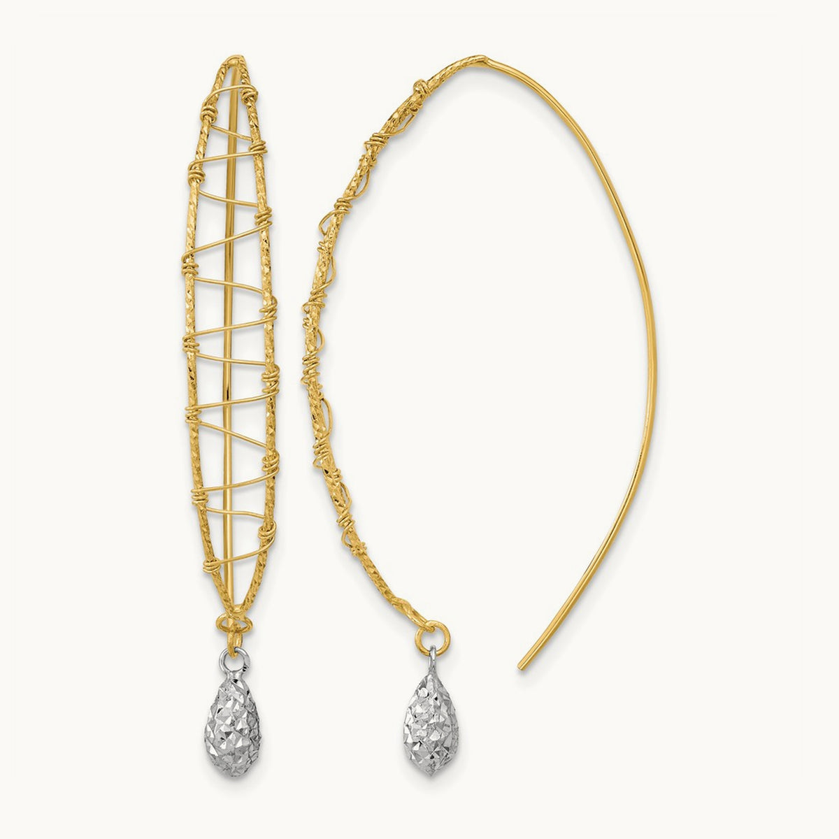 Polished Wire Wrapped Diamond Cut Wire Dangle Earrings, 14K Two-tone