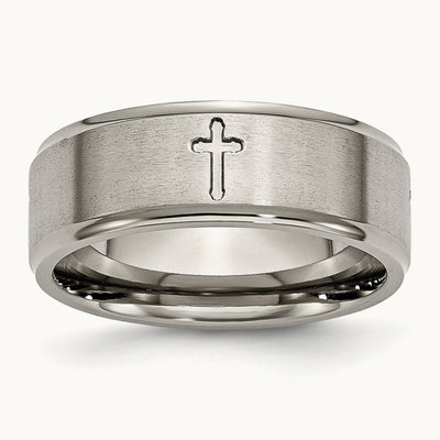 Brushed Center Cross Ridged Edge Band, 8mm, Titanium