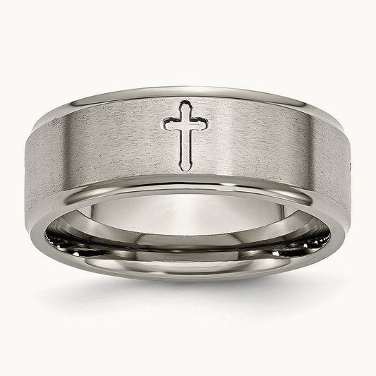 Brushed Center Cross Ridged Edge Band, 8mm, Titanium