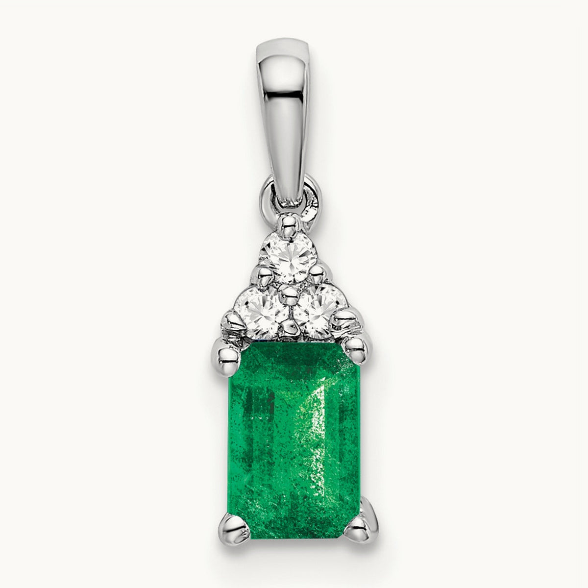 Rectangle Emerald and Diamond Pendant — 14K White Gold, 16.9mm