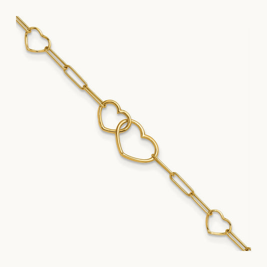 Polished Paper Clip Link Heart Shape 7.5in Bracelet, 14K