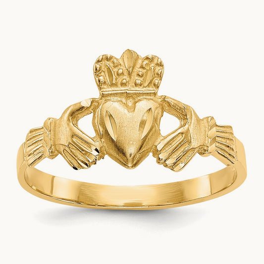 Satin and Diamond-cut Claddagh Ring, 14K