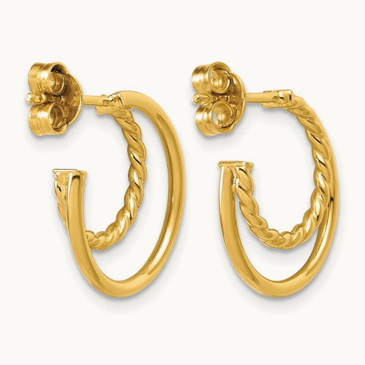 Polished and Twisted 2-row J-Hoop Post Earrings, 14K — Leslie's