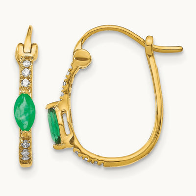 1/20ct Diamond and Emerald Oval Hoop Earrings, 14K